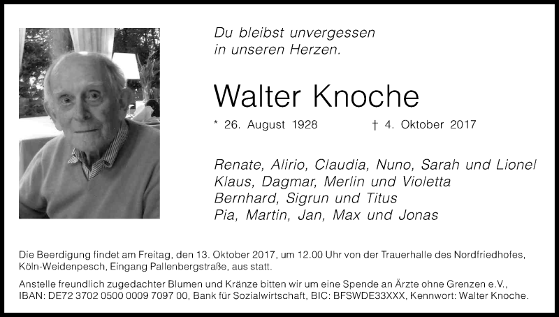 Traueranzeige für Walter Knoche vom 07.10.2017 aus Kölner Stadt-Anzeiger / Kölnische Rundschau / Express