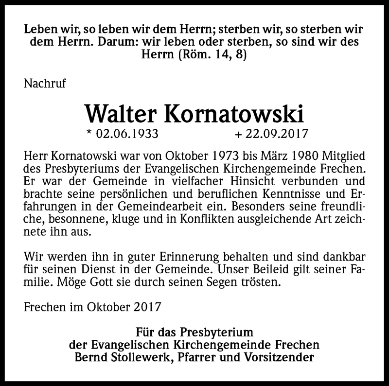  Traueranzeige für Walter Kornatowski vom 28.10.2017 aus Kölner Stadt-Anzeiger / Kölnische Rundschau / Express