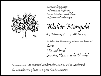 Anzeige von Walter Mangold von Kölner Stadt-Anzeiger / Kölnische Rundschau / Express