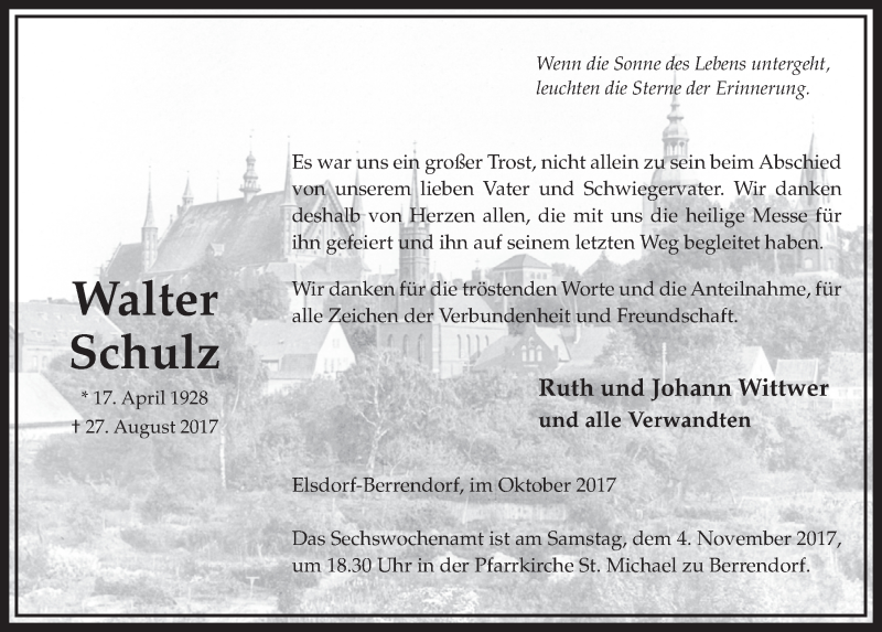  Traueranzeige für Walter Schulz vom 21.10.2017 aus  Sonntags-Post 