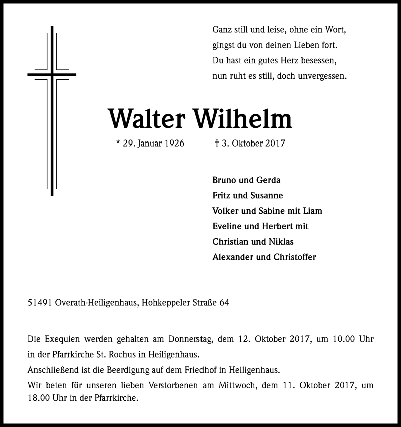  Traueranzeige für Walter Wilhelm vom 07.10.2017 aus Kölner Stadt-Anzeiger / Kölnische Rundschau / Express
