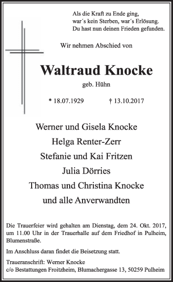 Anzeige von Waltraud Knocke von  Sonntags-Post 