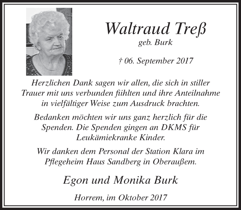  Traueranzeige für Waltraud Treß vom 07.10.2017 aus  Sonntags-Post 