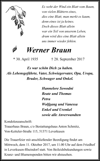 Anzeige von Werner Braun von Kölner Stadt-Anzeiger / Kölnische Rundschau / Express