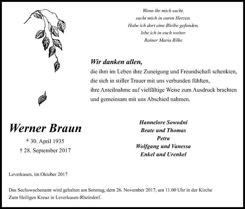  Traueranzeige für Werner Braun vom 28.10.2017 aus Kölner Stadt-Anzeiger / Kölnische Rundschau / Express