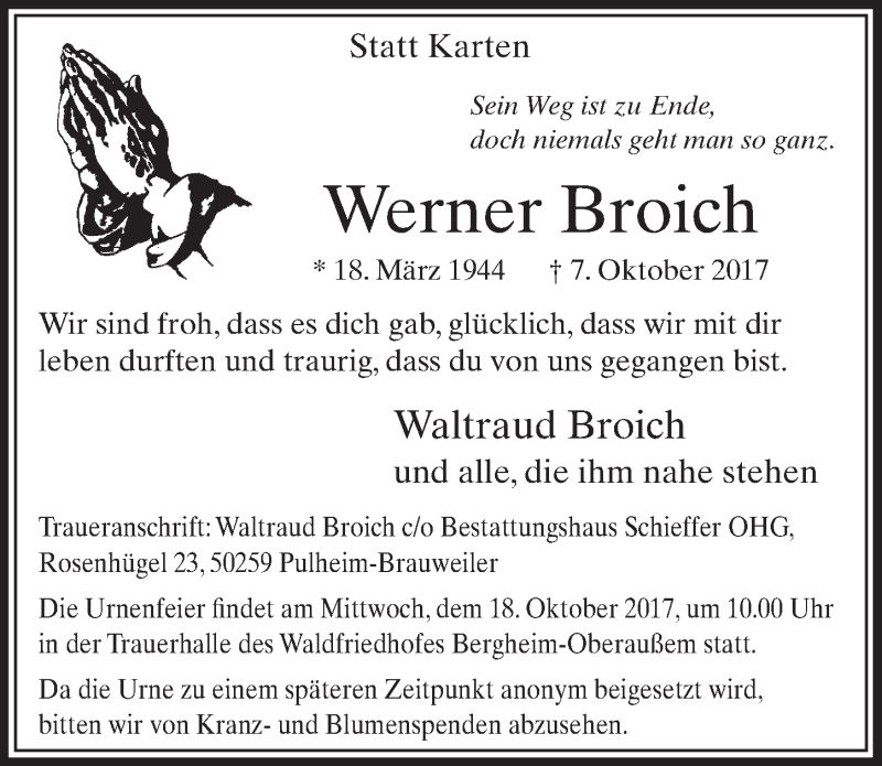  Traueranzeige für Werner Broich vom 14.10.2017 aus  Sonntags-Post 