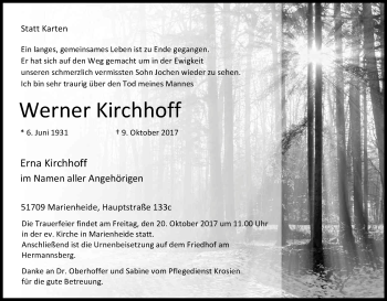 Anzeige von Werner Kirchhoff von Kölner Stadt-Anzeiger / Kölnische Rundschau / Express