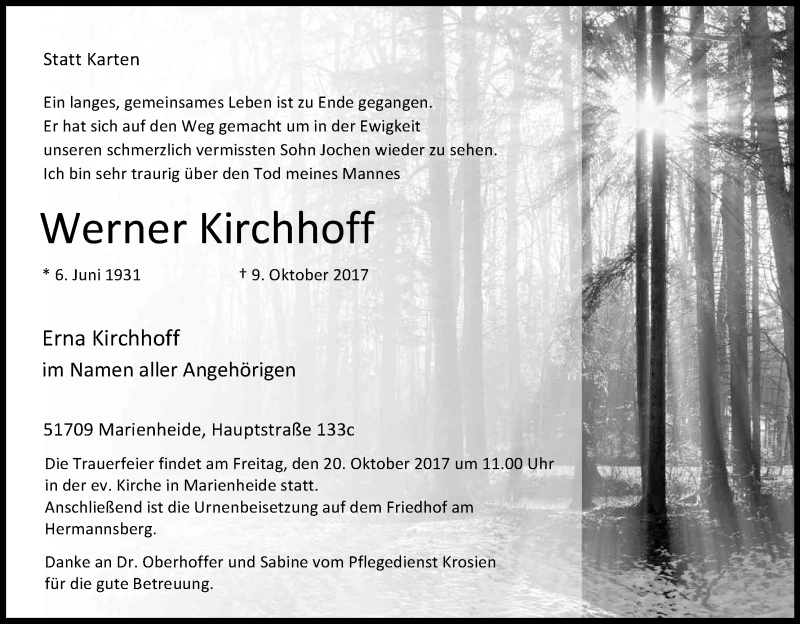  Traueranzeige für Werner Kirchhoff vom 17.10.2017 aus Kölner Stadt-Anzeiger / Kölnische Rundschau / Express