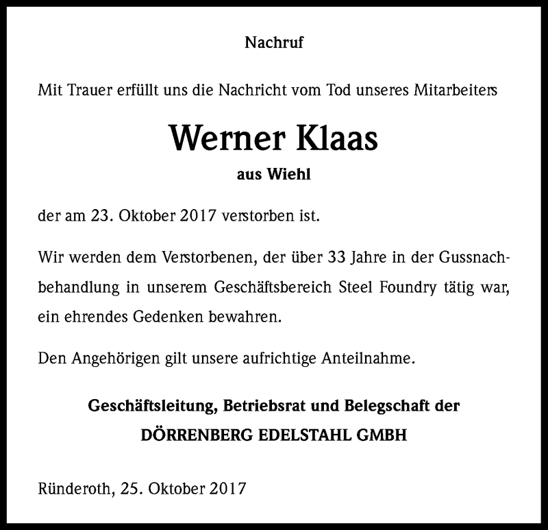  Traueranzeige für Werner Klaas vom 26.10.2017 aus Kölner Stadt-Anzeiger / Kölnische Rundschau / Express