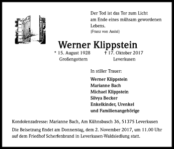 Anzeige von Werner Klippstein von Kölner Stadt-Anzeiger / Kölnische Rundschau / Express