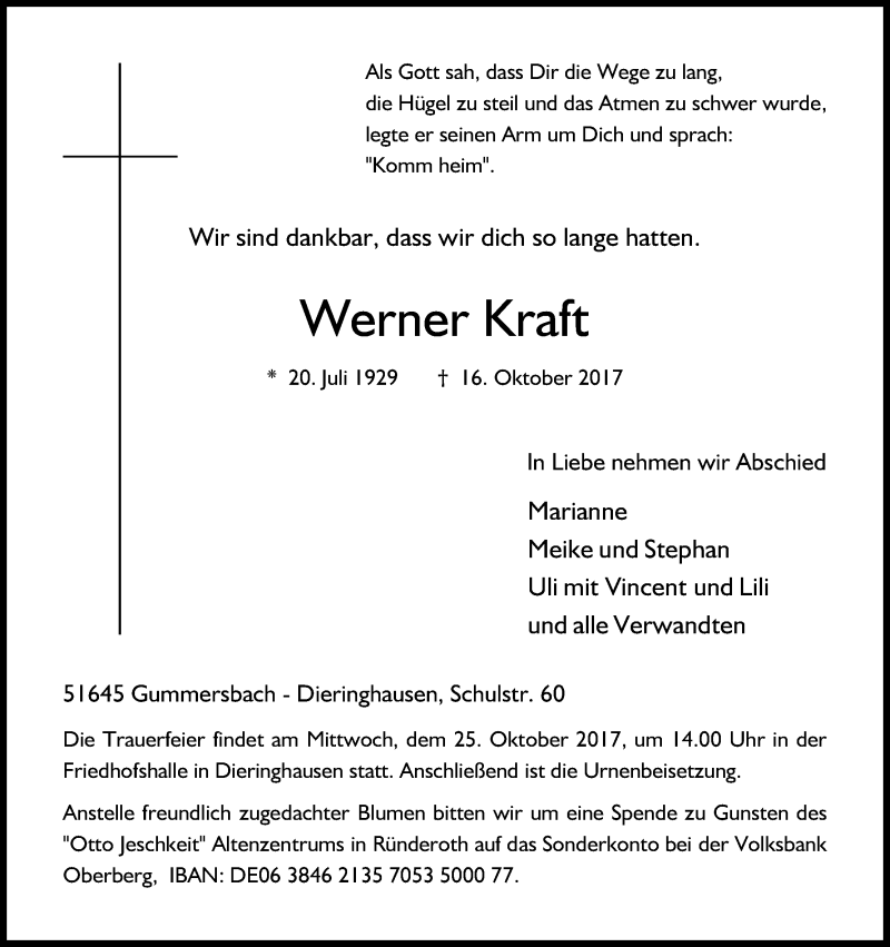 Traueranzeige für Werner Kraft vom 20.10.2017 aus Kölner Stadt-Anzeiger / Kölnische Rundschau / Express
