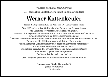 Anzeige von Werner Kuttenkeuler von Kölner Stadt-Anzeiger / Kölnische Rundschau / Express