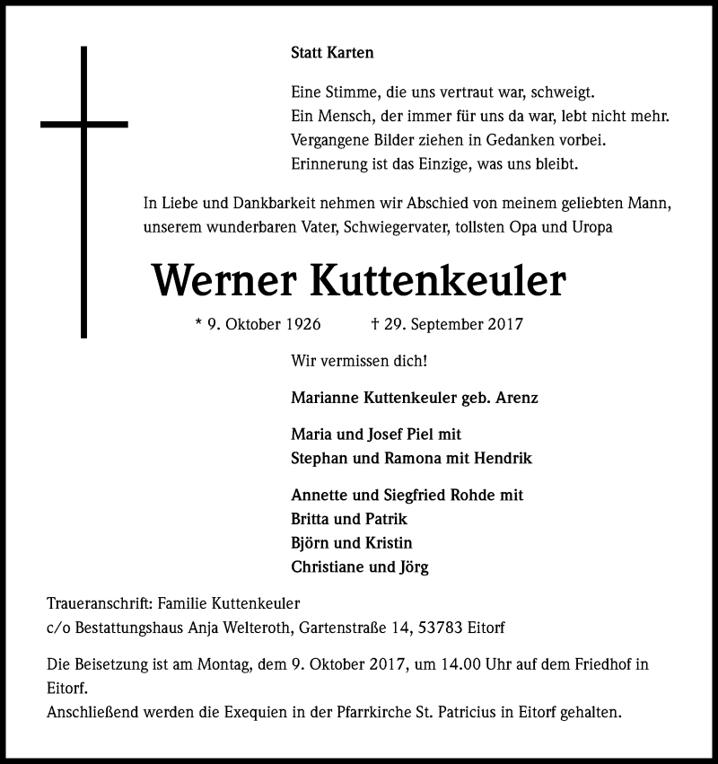  Traueranzeige für Werner Kuttenkeuler vom 05.10.2017 aus Kölner Stadt-Anzeiger / Kölnische Rundschau / Express