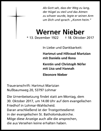 Anzeige von Werner Nieber von Kölner Stadt-Anzeiger / Kölnische Rundschau / Express