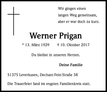 Anzeige von Werner Prigan von Kölner Stadt-Anzeiger / Kölnische Rundschau / Express