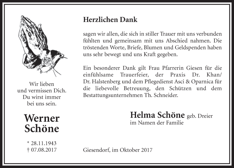  Traueranzeige für Werner Schöne vom 14.10.2017 aus  Sonntags-Post 