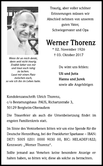 Anzeige von Werner Thorenz von Kölner Stadt-Anzeiger / Kölnische Rundschau / Express