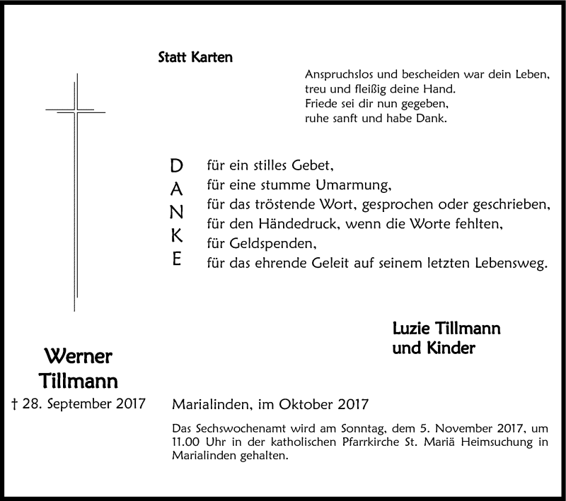  Traueranzeige für Werner Tillmann vom 28.10.2017 aus Kölner Stadt-Anzeiger / Kölnische Rundschau / Express