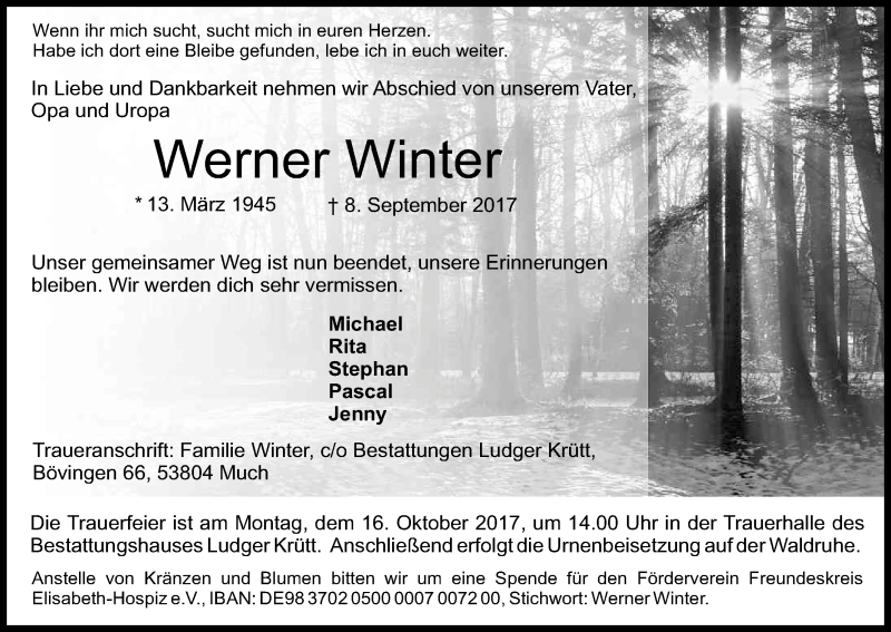  Traueranzeige für Werner Winter vom 11.10.2017 aus Kölner Stadt-Anzeiger / Kölnische Rundschau / Express