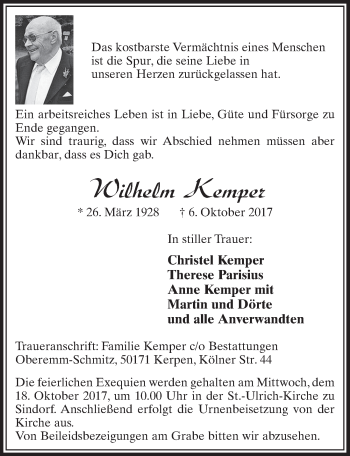 Anzeige von Wilhelm Kemper von  Sonntags-Post 