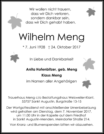 Anzeige von Wilhelm Meng von Kölner Stadt-Anzeiger / Kölnische Rundschau / Express