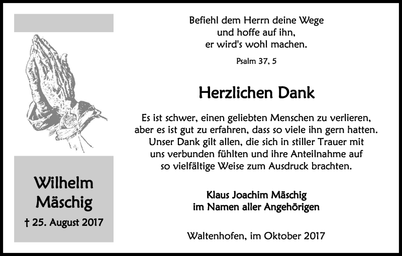  Traueranzeige für Wilhelm Mäschig vom 21.10.2017 aus Kölner Stadt-Anzeiger / Kölnische Rundschau / Express