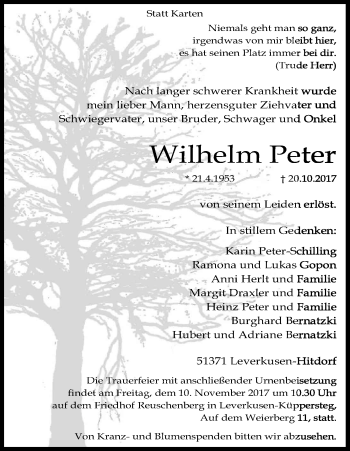 Anzeige von Wilhelm Peter von Kölner Stadt-Anzeiger / Kölnische Rundschau / Express