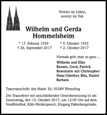 Anzeige von Wilhelm und Gerda Hommelsheim von Kölner Stadt-Anzeiger / Kölnische Rundschau / Express