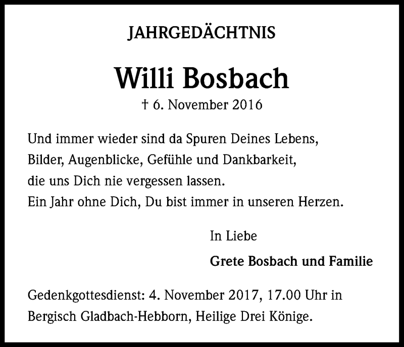  Traueranzeige für Willi Bosbach vom 30.10.2017 aus Kölner Stadt-Anzeiger / Kölnische Rundschau / Express