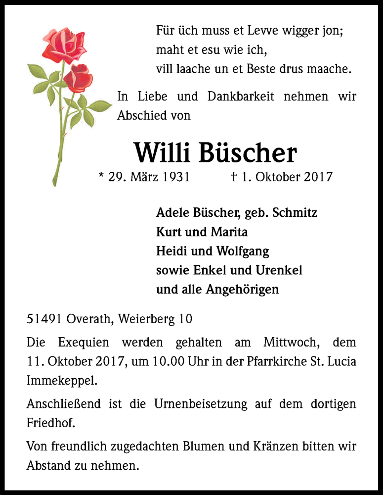  Traueranzeige für Willi Büscher vom 05.10.2017 aus Kölner Stadt-Anzeiger / Kölnische Rundschau / Express