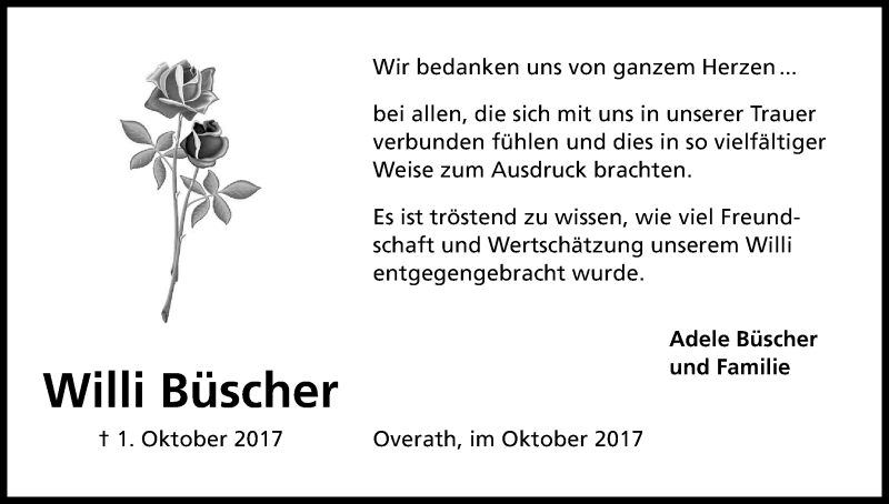  Traueranzeige für Willi Büscher vom 28.10.2017 aus Kölner Stadt-Anzeiger / Kölnische Rundschau / Express