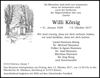 Anzeige von Willi König von Kölner Stadt-Anzeiger / Kölnische Rundschau / Express