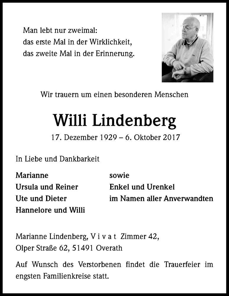  Traueranzeige für Willi Lindenberg vom 12.10.2017 aus Kölner Stadt-Anzeiger / Kölnische Rundschau / Express
