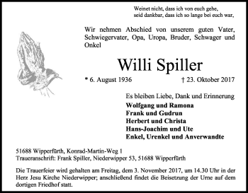 Anzeige von Willi Spiller von Kölner Stadt-Anzeiger / Kölnische Rundschau / Express
