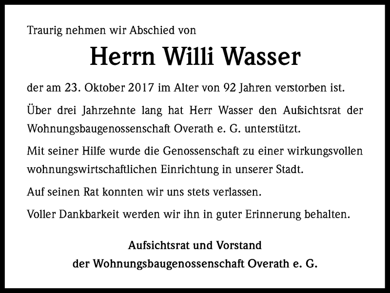  Traueranzeige für Willi Wasser vom 27.10.2017 aus Kölner Stadt-Anzeiger / Kölnische Rundschau / Express