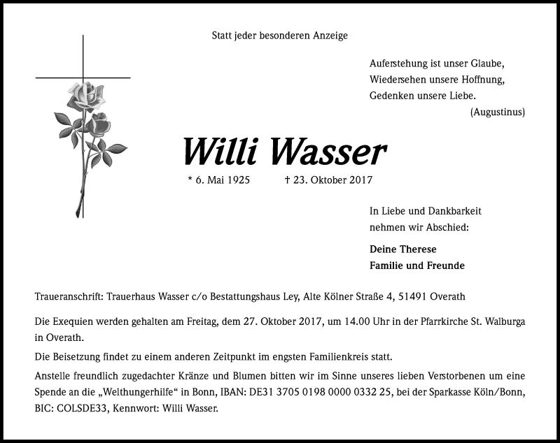  Traueranzeige für Willi Wasser vom 25.10.2017 aus Kölner Stadt-Anzeiger / Kölnische Rundschau / Express