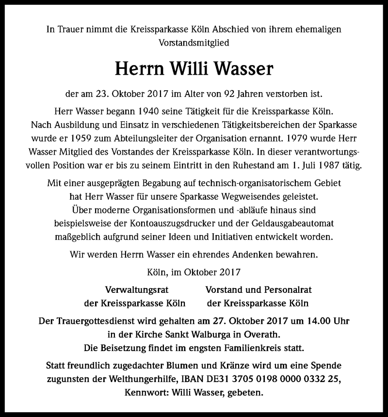  Traueranzeige für Willi Wasser vom 26.10.2017 aus Kölner Stadt-Anzeiger / Kölnische Rundschau / Express