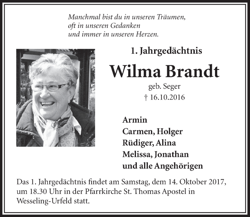  Traueranzeige für Wilma Brandt vom 11.10.2017 aus  Schlossbote/Werbekurier 