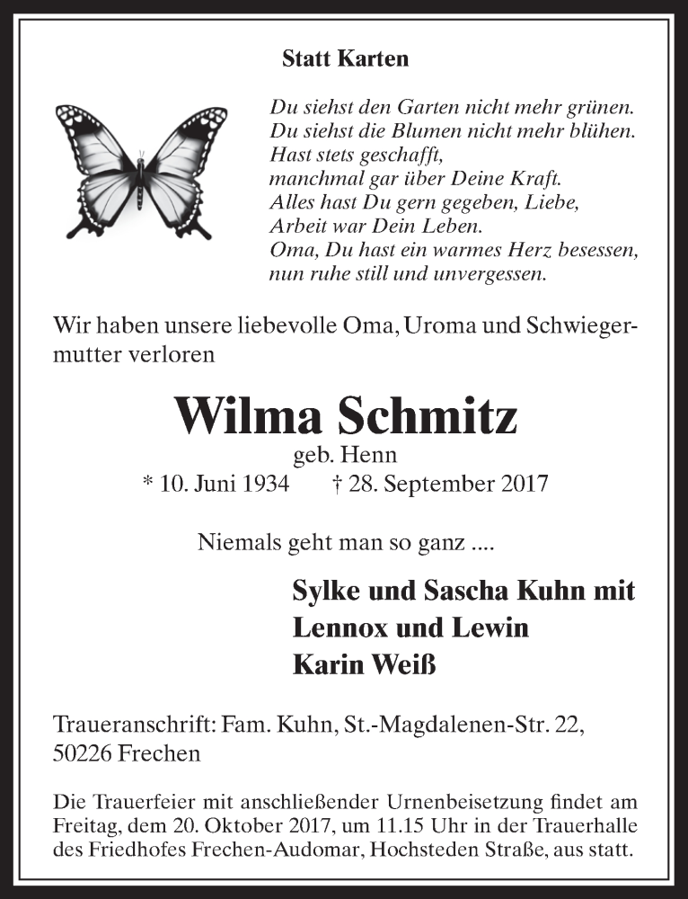  Traueranzeige für Wilma Schmitz vom 11.10.2017 aus  Wochenende 