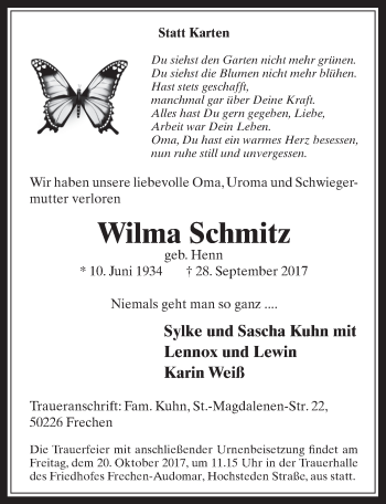 Anzeige von Wilma Schmitz von  Wochenende 