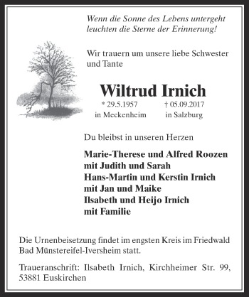 Anzeige von Wiltrud Irnich von  Schaufenster/Blickpunkt 