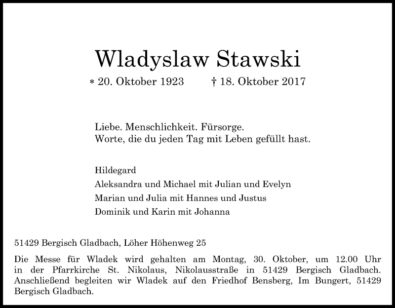  Traueranzeige für Wladyslaw Stawski vom 25.10.2017 aus Kölner Stadt-Anzeiger / Kölnische Rundschau / Express
