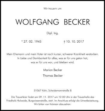 Anzeige von Wolfgang Becker von Kölner Stadt-Anzeiger / Kölnische Rundschau / Express