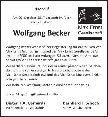 Anzeige von Wolfgang Becker von  Schlossbote/Werbekurier 