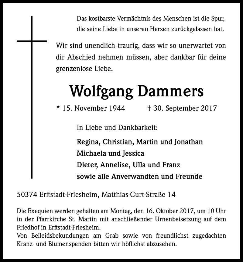  Traueranzeige für Wolfgang Dammers vom 11.10.2017 aus Kölner Stadt-Anzeiger / Kölnische Rundschau / Express