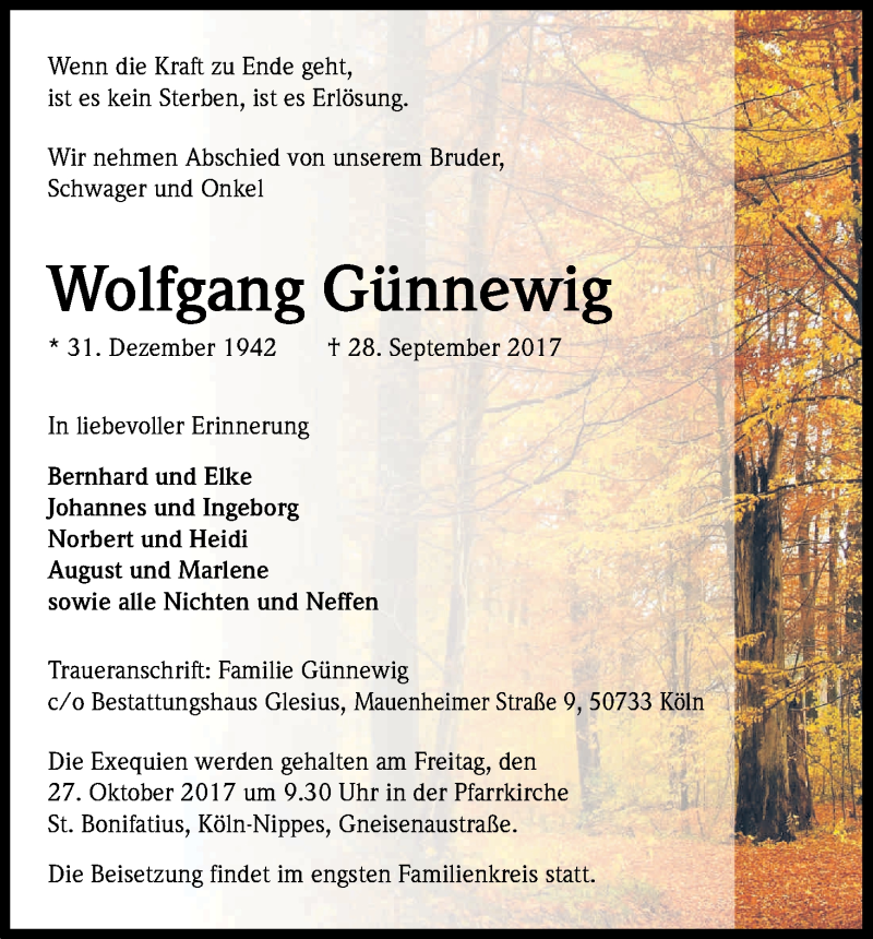  Traueranzeige für Wolfgang Günnewig vom 21.10.2017 aus Kölner Stadt-Anzeiger / Kölnische Rundschau / Express