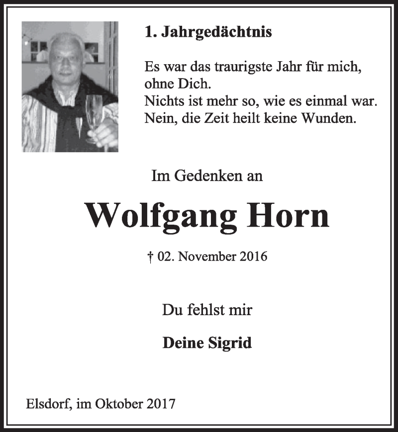  Traueranzeige für Wolfgang  Horn vom 28.10.2017 aus  Sonntags-Post 