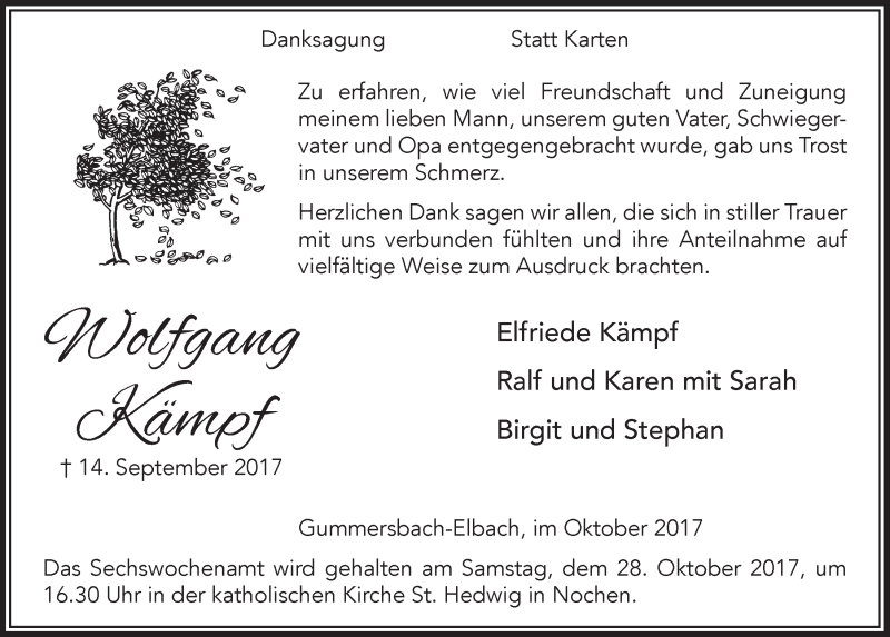  Traueranzeige für Wolfgang Kämpf vom 25.10.2017 aus  Anzeigen Echo 