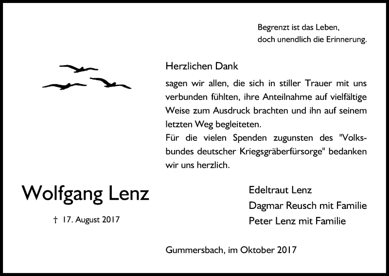  Traueranzeige für Wolfgang Lenz vom 14.10.2017 aus Kölner Stadt-Anzeiger / Kölnische Rundschau / Express