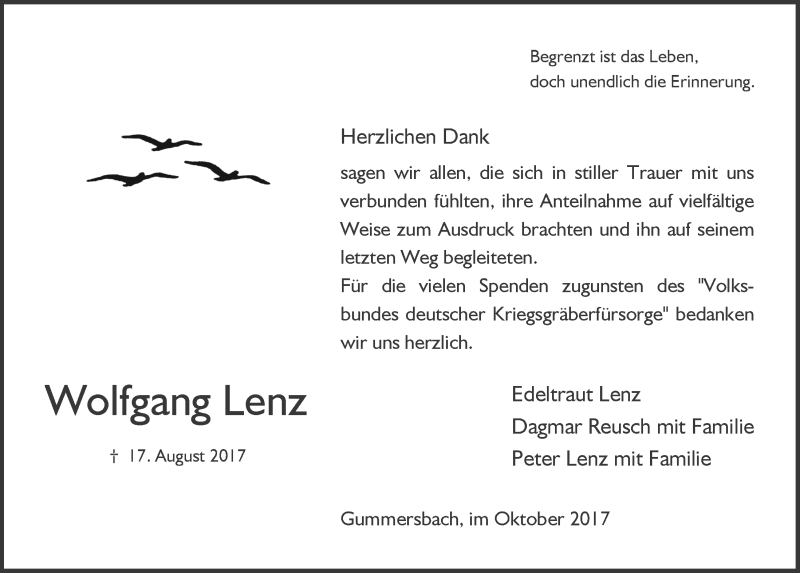  Traueranzeige für Wolfgang Lenz vom 11.10.2017 aus  Anzeigen Echo 